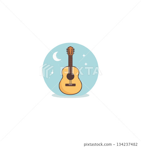 Acoustic guitar illustration with dreamy night sky backdrop creates peaceful musical atmosphere 134237482