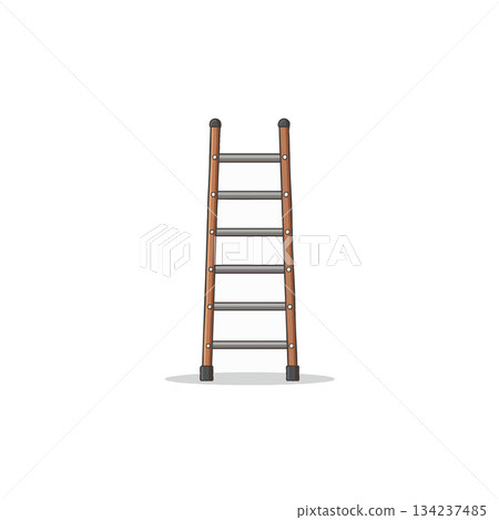 Depicts the simplicity of an isolated ladder with a brown wooden frame against a neutral 134237485