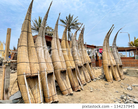 Caballitos de Totora on the coast of Huanchaco, Trujillo. 134237945