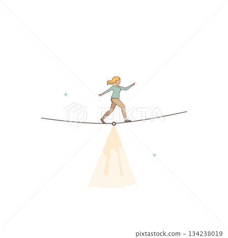 Conceptual illustration of a woman confidently traversing a tightrope representing balance and Conceptual illustration of a woman confidently traversing a tightrope representing balance and 134238019