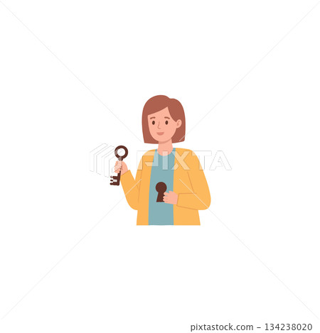 Woman holding a vintage skeleton key finding solutions unlocking potential achieving success Woman holding a vintage skeleton key finding solutions unlocking potential achieving success 134238020