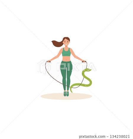Fitness illustration depicting a determined woman skipping rope with a peculiar reptile companion Fitness illustration depicting a determined woman skipping rope with a peculiar reptile companion 134238021