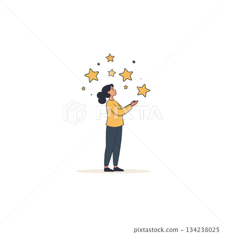 Illustrative depiction of a woman reaching for golden stars representing aspirations dreams Illustrative depiction of a woman reaching for golden stars representing aspirations dreams 134238025