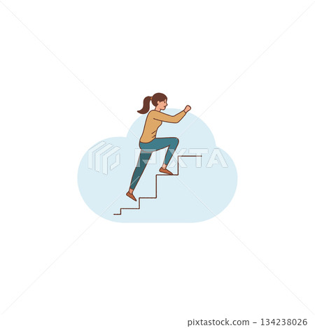 Illustrated woman climbing stairway towards the fluffy cloud of possibilities symbolizing 134238026