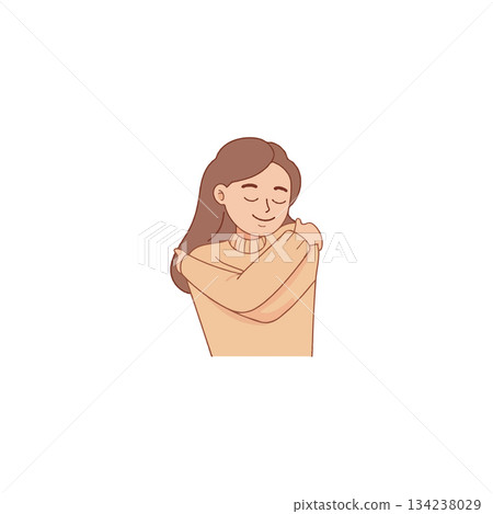 Illustration of a woman embracing herself demonstrating self love acceptance and positive 134238029