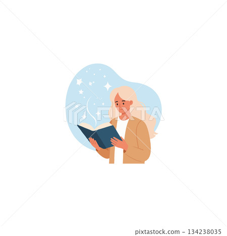 A young blonde woman immersed in a captivating book surrounded by magical sparkling lights and A young blonde woman immersed in a captivating book surrounded by magical sparkling lights and 134238035
