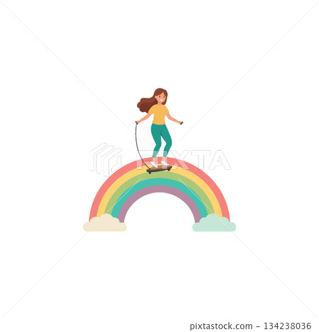 Whimsical adventure, girl skateboarding on rainbow, creative illustration conveys joyous 134238036