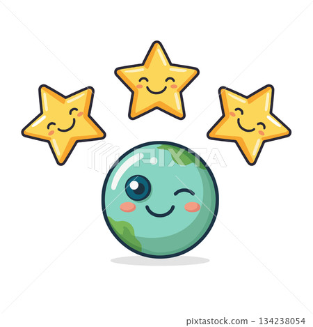 Whimsical earth globe adorned with smiling stars creating a cheerful celestial illustration 134238054