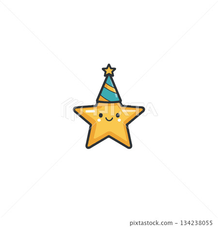 Festive star character celebrates with a party hat radiating joy and childlike innocence Festive star character celebrates with a party hat radiating joy and childlike innocence 134238055