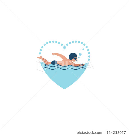 Conceptual artwork of swimmer creating waves in heart-shaped pool promoting health and fitness Conceptual artwork of swimmer creating waves in heart-shaped pool promoting health and fitness 134238057