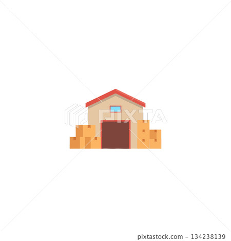 Whimsical depiction of a warehouse brimming with stacked boxes ready for distribution and 134238139