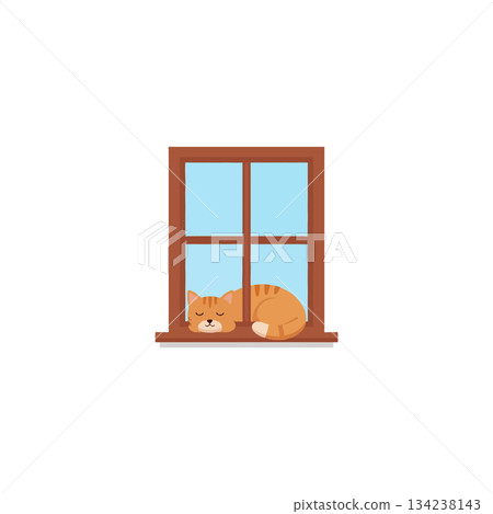 Adorable orange tabby kitten curled sleeping comfortably near the window pane bathed sunlight Adorable orange tabby kitten curled sleeping comfortably near the window pane bathed sunlight 134238143