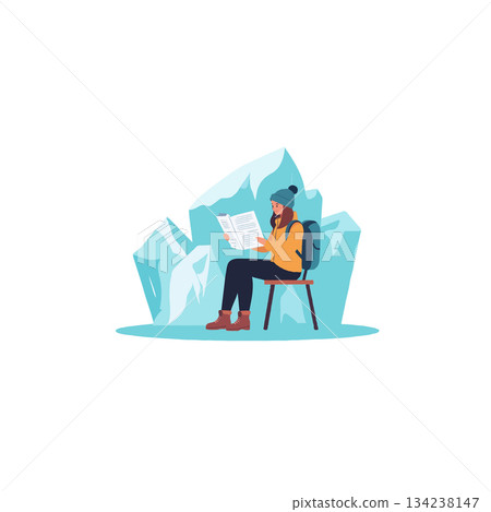 Adventurer reading on icy terrain showcases focus amidst nature's challenges and finding solace in Adventurer reading on icy terrain showcases focus amidst nature's challenges and finding solace in 134238147