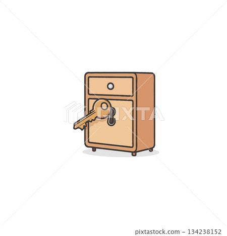 Simple illustration of a small cabinet with a key securing the drawer representing secured Simple illustration of a small cabinet with a key securing the drawer representing secured 134238152