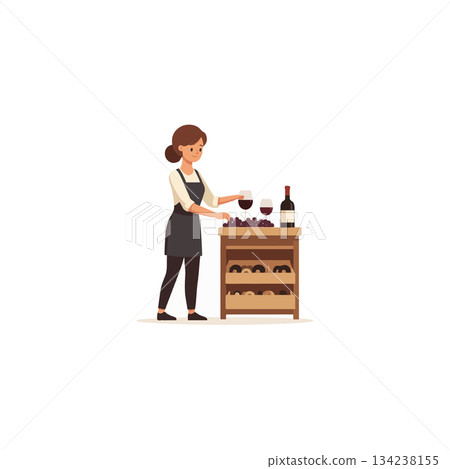 Female sommelier gracefully pouring red wine at a tasting event with stylish service providing 134238155