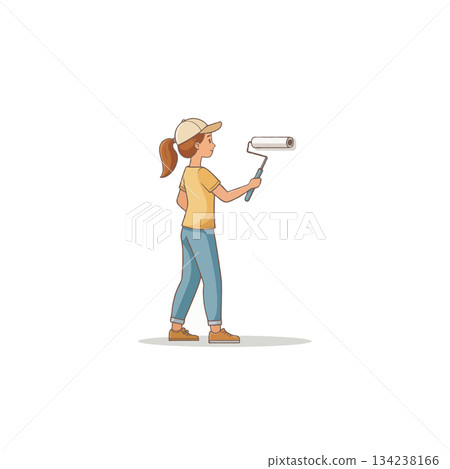 Depiction of a young woman with a paint roller ready for a home renovation or refurbishment Depiction of a young woman with a paint roller ready for a home renovation or refurbishment 134238166