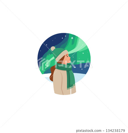 Serene depiction of a woman gazing at the celestial aurora borealis under the winter sky creating 134238179