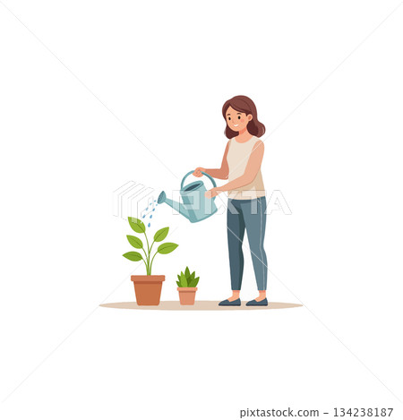 Young woman tending her garden plants while watering with a blue watering can outdoors nurturing Young woman tending her garden plants while watering with a blue watering can outdoors nurturing 134238187