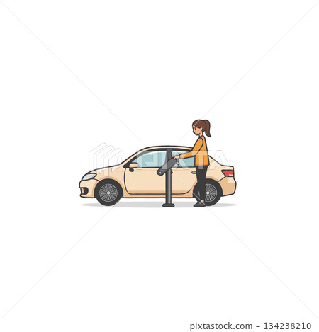 Illustration displaying a female mechanic lifting a vehicle using hydraulic automotive jack for Illustration displaying a female mechanic lifting a vehicle using hydraulic automotive jack for 134238210
