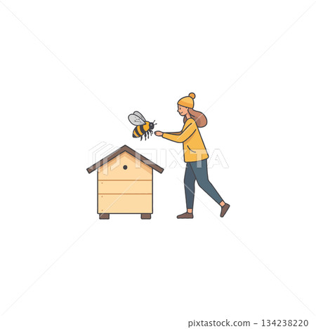 Woman offering welcoming gesture to a foraging bumblebee near her domestic beehive for honey Woman offering welcoming gesture to a foraging bumblebee near her domestic beehive for honey 134238220