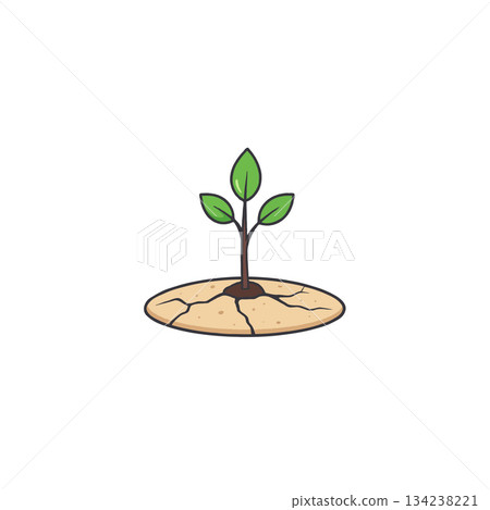 Tiny sprout emerges from cracked earth symbolizing resilience and hope against environmental 134238221