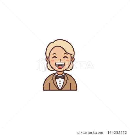 Cartoon depiction of a smiling person wearing a suit with a bowtie conveying cheerful Cartoon depiction of a smiling person wearing a suit with a bowtie conveying cheerful 134238222