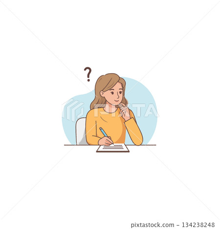 Illustration of a pensive woman with a question mark pondering ideas and concepts for writing 134238248