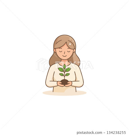 Young woman nurturing a seedling for sustainable future representing environmental awareness and Young woman nurturing a seedling for sustainable future representing environmental awareness and 134238255