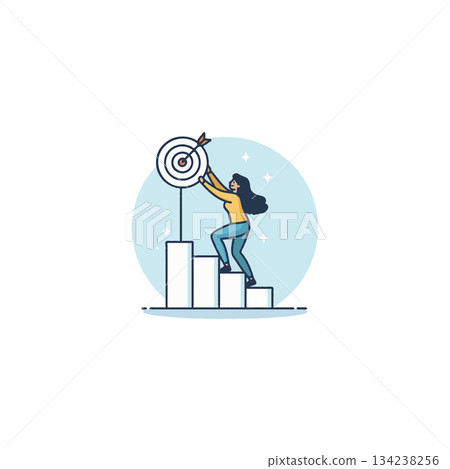 Achieving goals: Woman climbs ascending charts aiming for success with strategy and determination 134238256