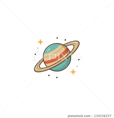 A whimsical cartoon planet illustration showcasing rings and celestial charm ideal for education A whimsical cartoon planet illustration showcasing rings and celestial charm ideal for education 134238257