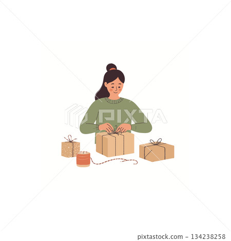 Woman carefully wraps gifts with eco-friendly twine creating special holiday presents with love Woman carefully wraps gifts with eco-friendly twine creating special holiday presents with love 134238258