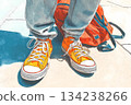 Colorful Shoes Stand out Beside a Vibrant Backpack on a Sunny Day Outdoors Generative AI 134238266