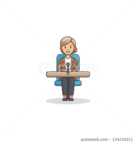 Illustration portraying a woman in professional attire, seated behind a table, holding a 134238321