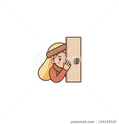 Cartoon girl peeking behind a wooden door with curious expression displaying curiosity and hidden Cartoon girl peeking behind a wooden door with curious expression displaying curiosity and hidden 134238329