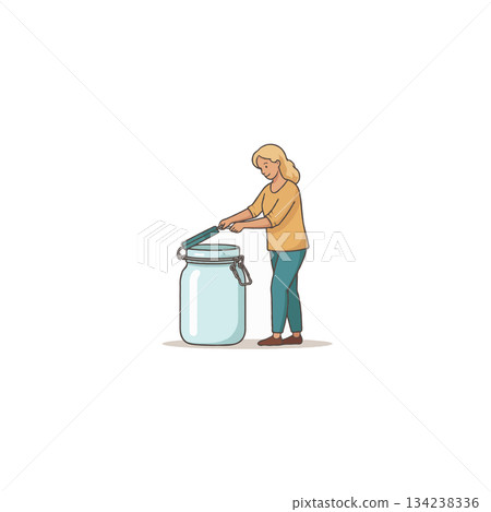 Young woman preparing a reusable jar for food preservation in a sustainable kitchen environment at Young woman preparing a reusable jar for food preservation in a sustainable kitchen environment at 134238336