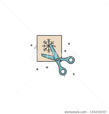 Winter craft project: Scissors cutting snowflake shape from paper, creative season art activity, 134238337