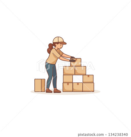 Woman stacks cardboard boxes for delivery in a neat pile ready for shipping preparation concept Woman stacks cardboard boxes for delivery in a neat pile ready for shipping preparation concept 134238340
