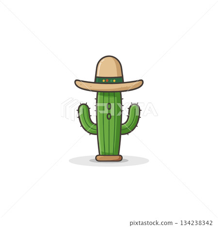 Whimsical cactus illustration with sombrero showcasing desert culture and cartoonish charm perfect 134238342