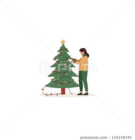Young woman decorating christmas tree with festive lights creates warm holiday ambience at home 134238345