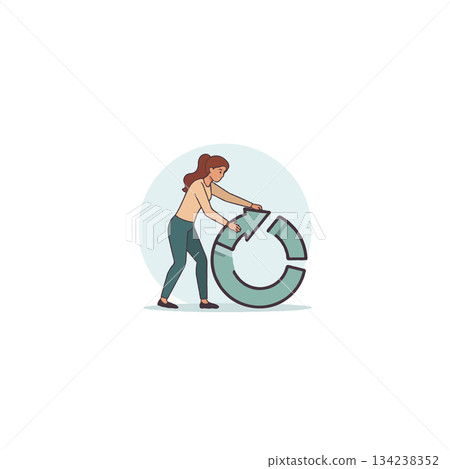 Empowered woman completing a cyclical process demonstrated through turning a large arrowed ring 134238352