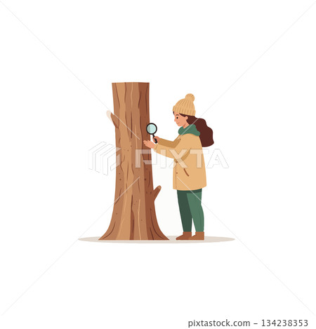 Young explorer examining tree bark with magnifying glass amidst nature's wonders during autumn 134238353