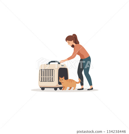 Preparing for the journey woman helping her tabby cat enter its travel carrier for a road trip Preparing for the journey woman helping her tabby cat enter its travel carrier for a road trip 134238446