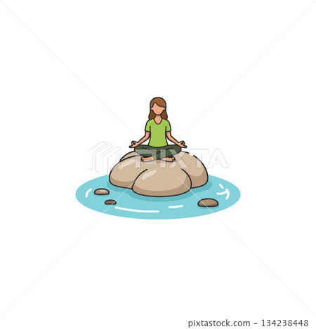 Woman meditating on a rock in water cartoon illustration promoting mindfulness and peacefulness in Woman meditating on a rock in water cartoon illustration promoting mindfulness and peacefulness in 134238448