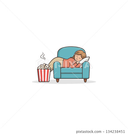 Relaxing afternoon nap: Illustration of a woman resting with popcorn beside, enjoying cozy leisure Relaxing afternoon nap: Illustration of a woman resting with popcorn beside, enjoying cozy leisure 134238451