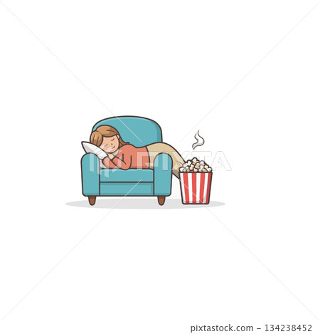 Illustration depicts a resting girl with popcorn bucket cartoonish style portraying a relaxed scene Illustration depicts a resting girl with popcorn bucket cartoonish style portraying a relaxed scene 134238452