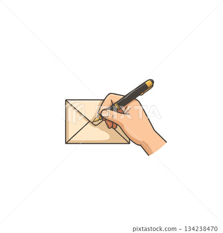 Human hand writing address on letter in envelope expressing thoughts emotions or delivering Human hand writing address on letter in envelope expressing thoughts emotions or delivering 134238470