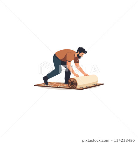 Man carefully unrolling a stylish rug to enhance room decor with meticulous precision and focused Man carefully unrolling a stylish rug to enhance room decor with meticulous precision and focused 134238480
