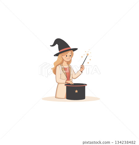 Enchanting Sorceress Conjuring a Spell with Magic Wand and Hat in a Whimsical Illustration Design Enchanting Sorceress Conjuring a Spell with Magic Wand and Hat in a Whimsical Illustration Design 134238482