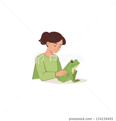 A heartwarming illustration featuring a young woman gently interacting with a vibrant green frog 134238485