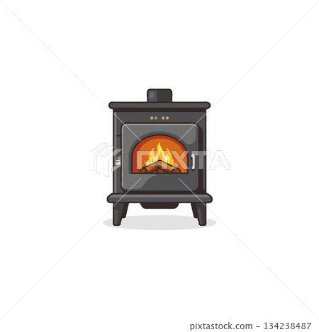 Illustration of a vintage wood burning stove radiating warmth in a cozy ambiance offering comfort Illustration of a vintage wood burning stove radiating warmth in a cozy ambiance offering comfort 134238487
